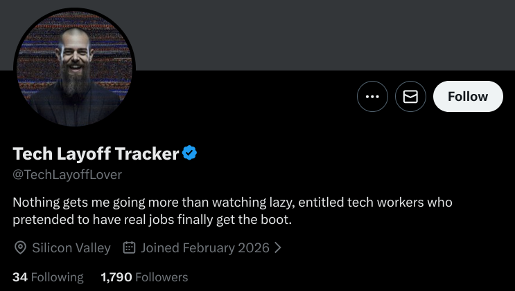 Twitter bio for an account called “Tech Layoff Tracker”, created in February 2026