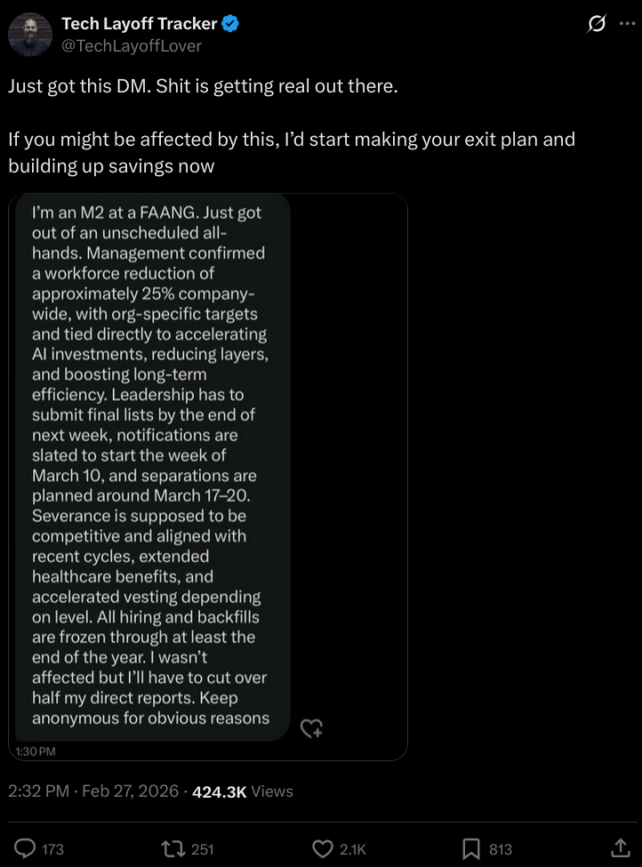 Post from Tech layoff Tracker reading “Just got this DM. Shit is getting real out there. If you might be affected by this, I’d start making your exit plan and building up savings now”. The referenced DM is included as a screenshot.