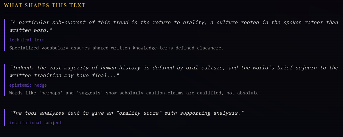 Output from Havelock.AI for this post, referencing the use of a technical term, an epistemic hedge, and an institutional subject as markers of the written tradition