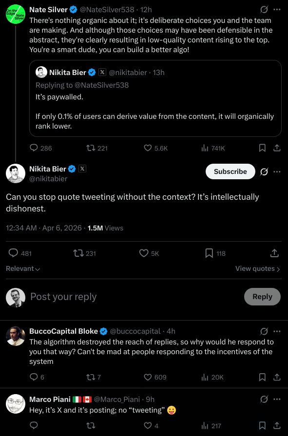 An exchange between Nate Silver and Twitter’s head of product responding to Silver’s claim that the platform promotes low-quality content.